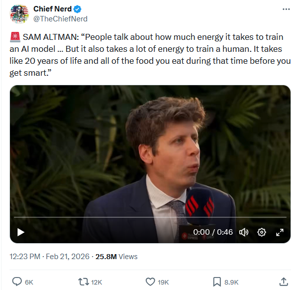 Screenshot from Shitter/X SAM ALTMAN: 'People talk about how much energy it takes to train an AI model ... But it also takes a lot of energy to train a human. It takes like 20 years of life and all of the food you eat during that time before you get smart.'